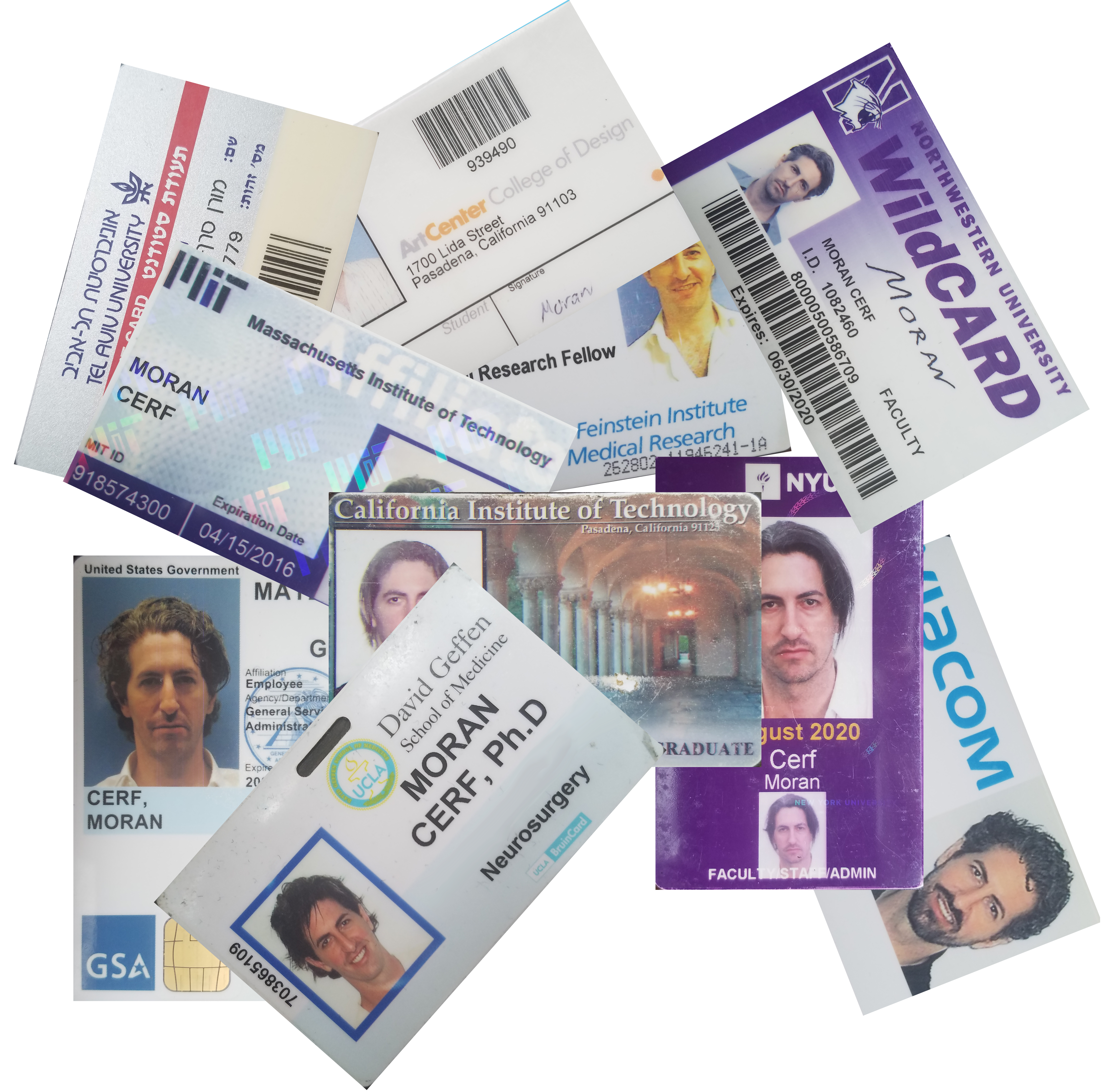 Collection of Moran Cerf's ID badges